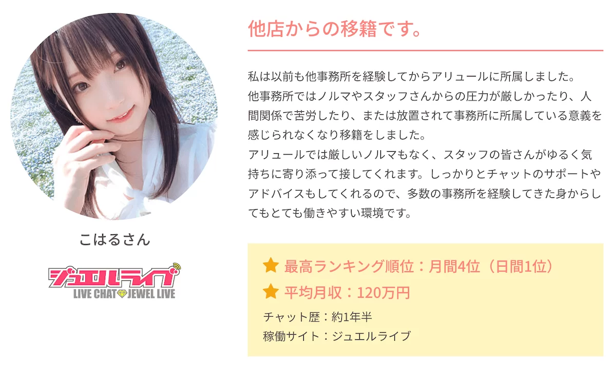 アリュールの通勤チャットレディの収入事例